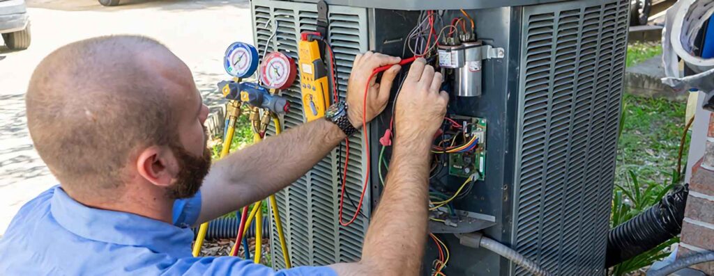 Air Today Heating and Cooling HVAC Technician Checking Outdoor HVAC System in Greenville, South Carolina - Call Air Today Heating and Cooling for Top Rated HVAC Services in Greenville SC and the Surrounding areas.